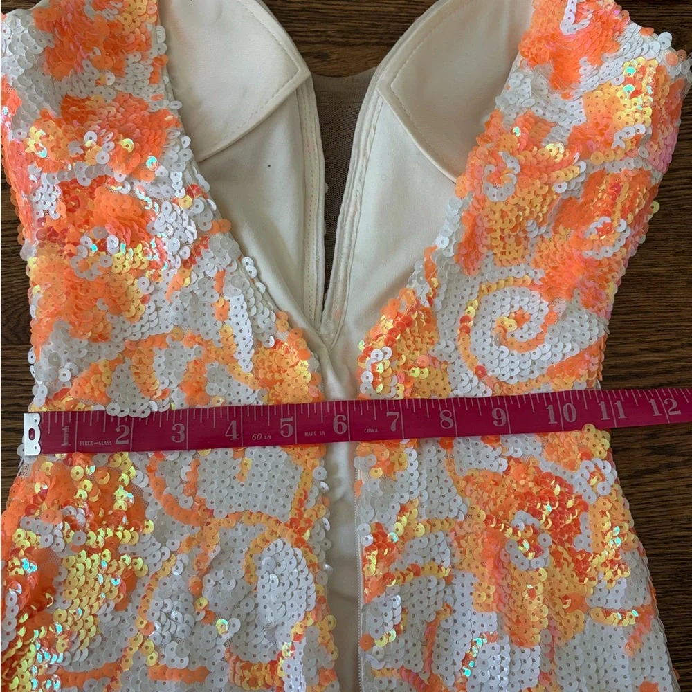 Jovani Coral & White Sequin Floral Prom Dress style 08257 - Picture 14 of 15